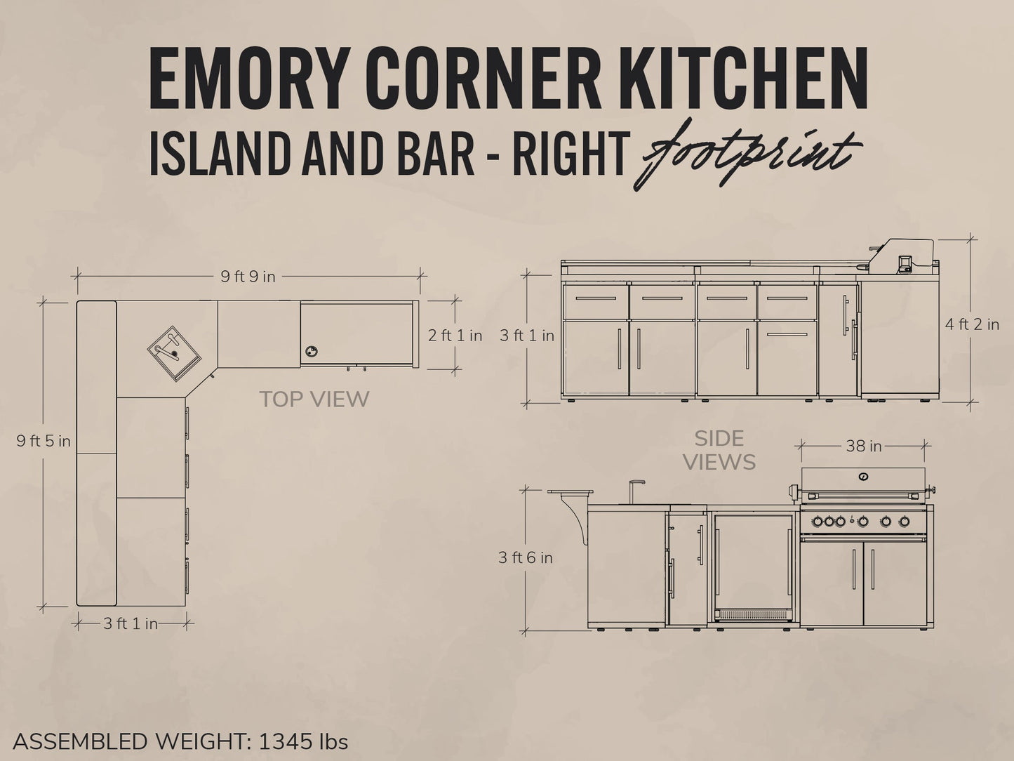 Diagram of Emory Corner Kitchen Island and Bar with dimensions on a beige background
