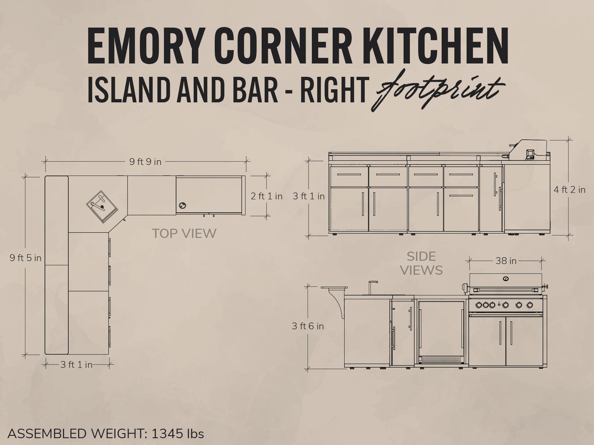 Diagram of Emory Corner Kitchen Island and Bar with dimensions on a beige background