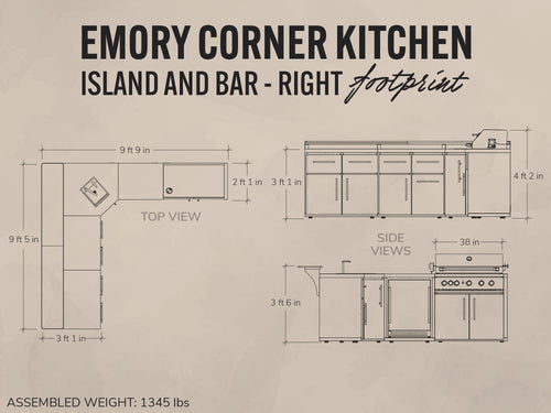 Diagram of Emory Corner Kitchen Island and Bar with dimensions on a beige background