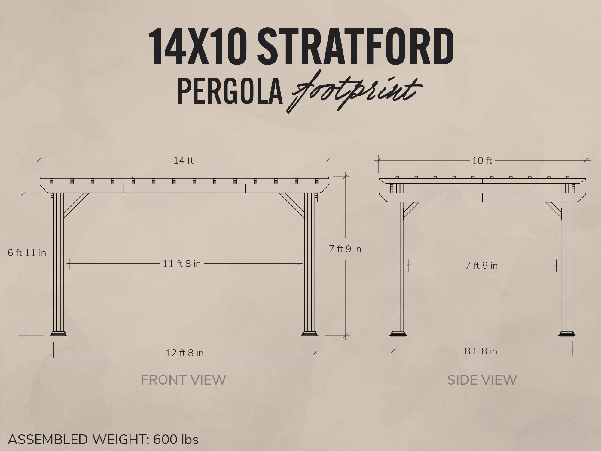 Dimensions of a 14x10 Stratford pergola on a beige background