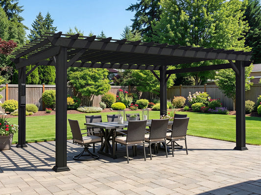 Black powder-coated steel pergola with open trellis roof over outdoor dining area on paver patio with landscaped yard.