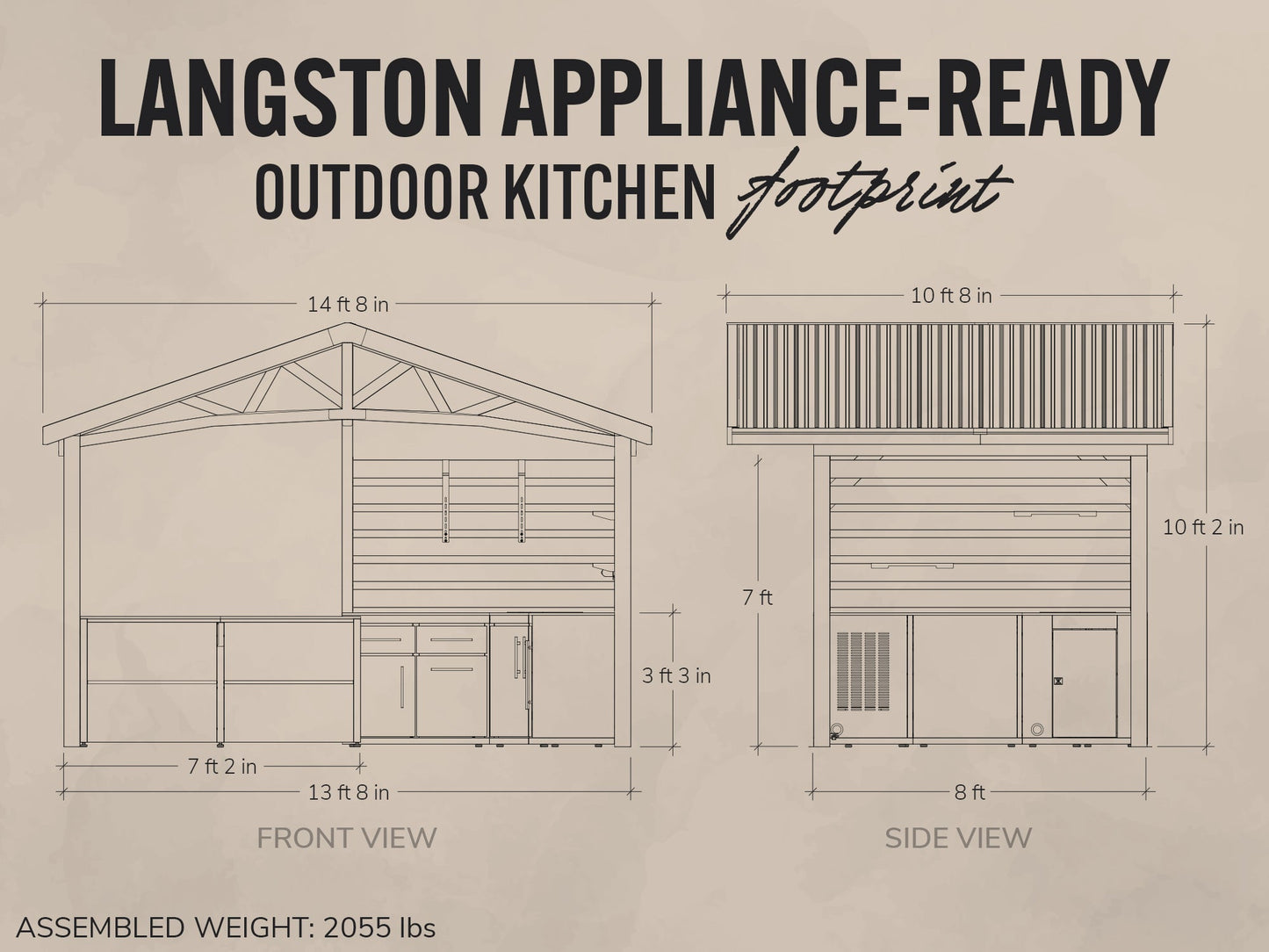 Blueprint-style diagram of a Langston appliance-ready outdoor kitchen with dimensions.