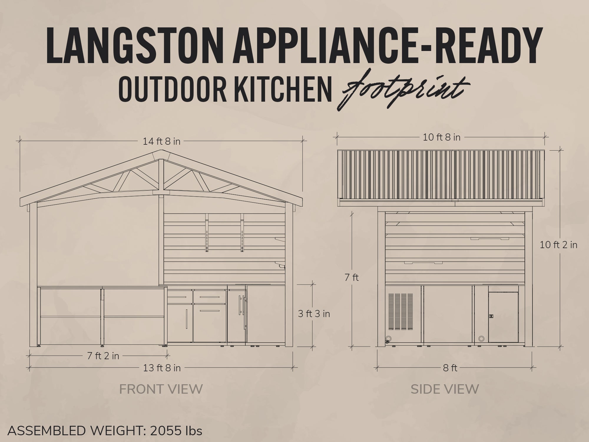 Blueprint-style diagram of a Langston appliance-ready outdoor kitchen with dimensions.