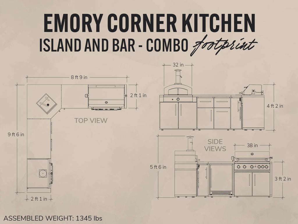 Diagram of Emory Corner Kitchen Island and Bar Combo with dimensions on a beige background
