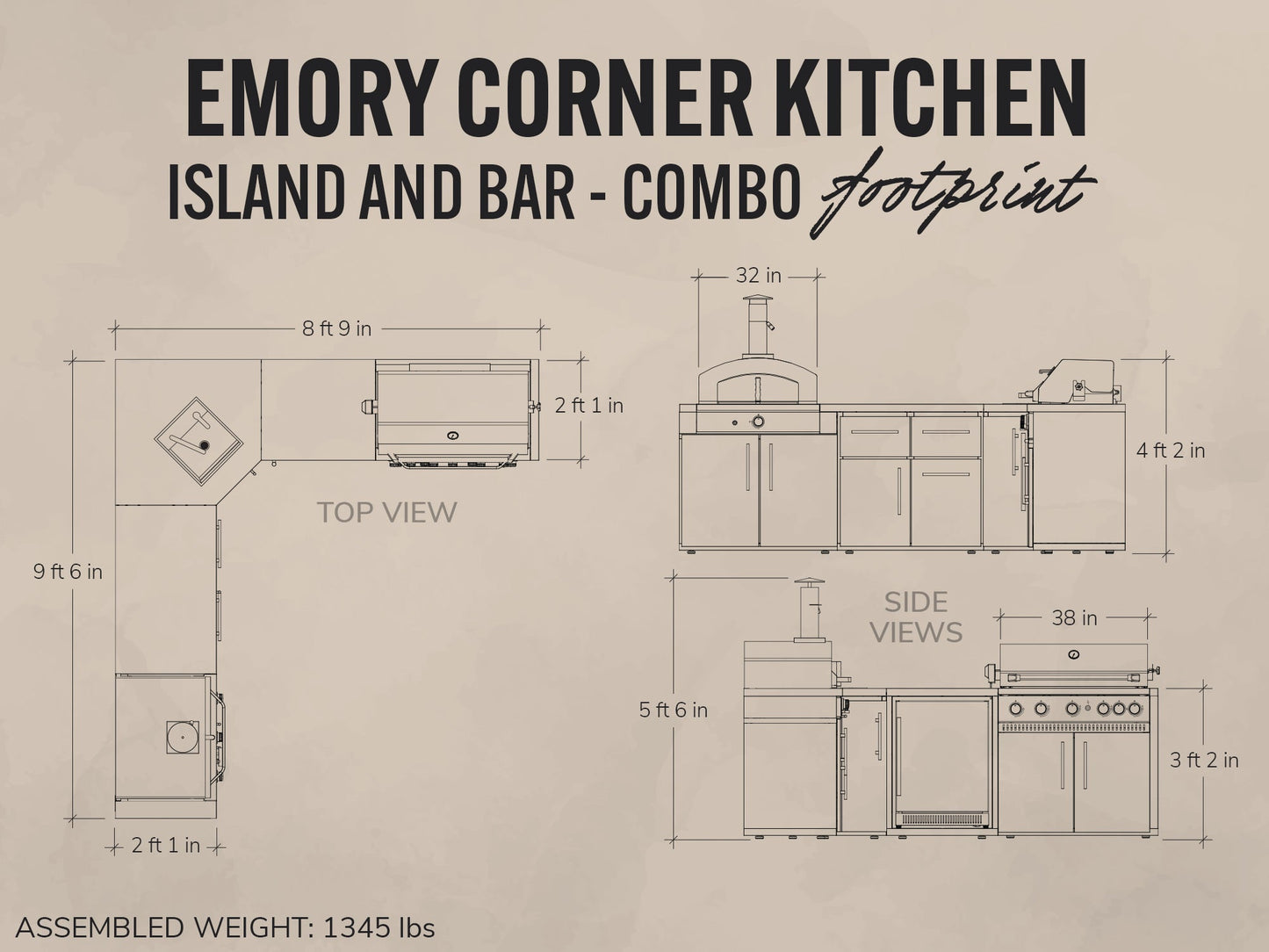 Diagram of Emory Corner Kitchen Island and Bar Combo with dimensions on a beige background