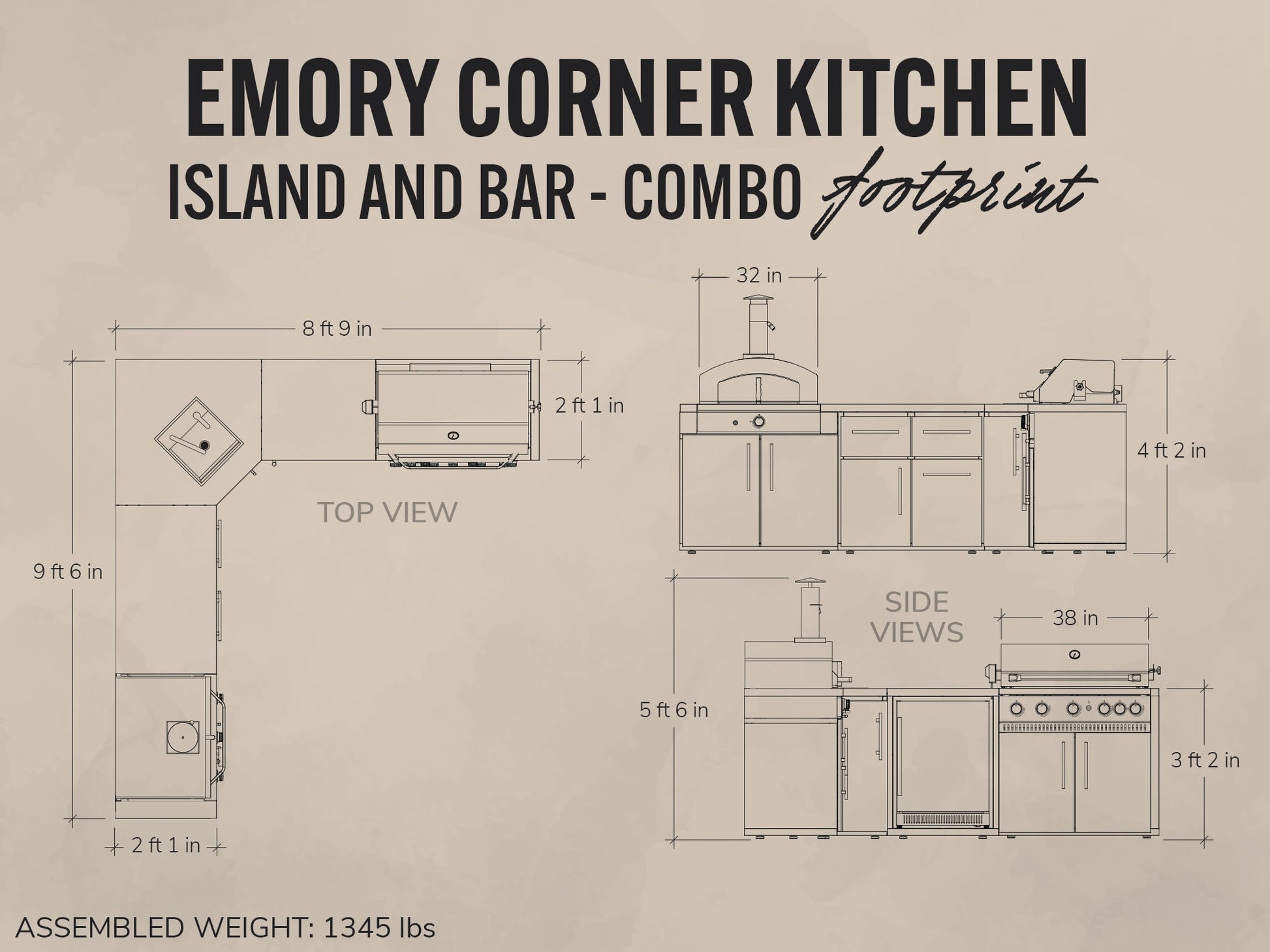 Diagram of Emory Corner Kitchen Island and Bar Combo with dimensions on a beige background