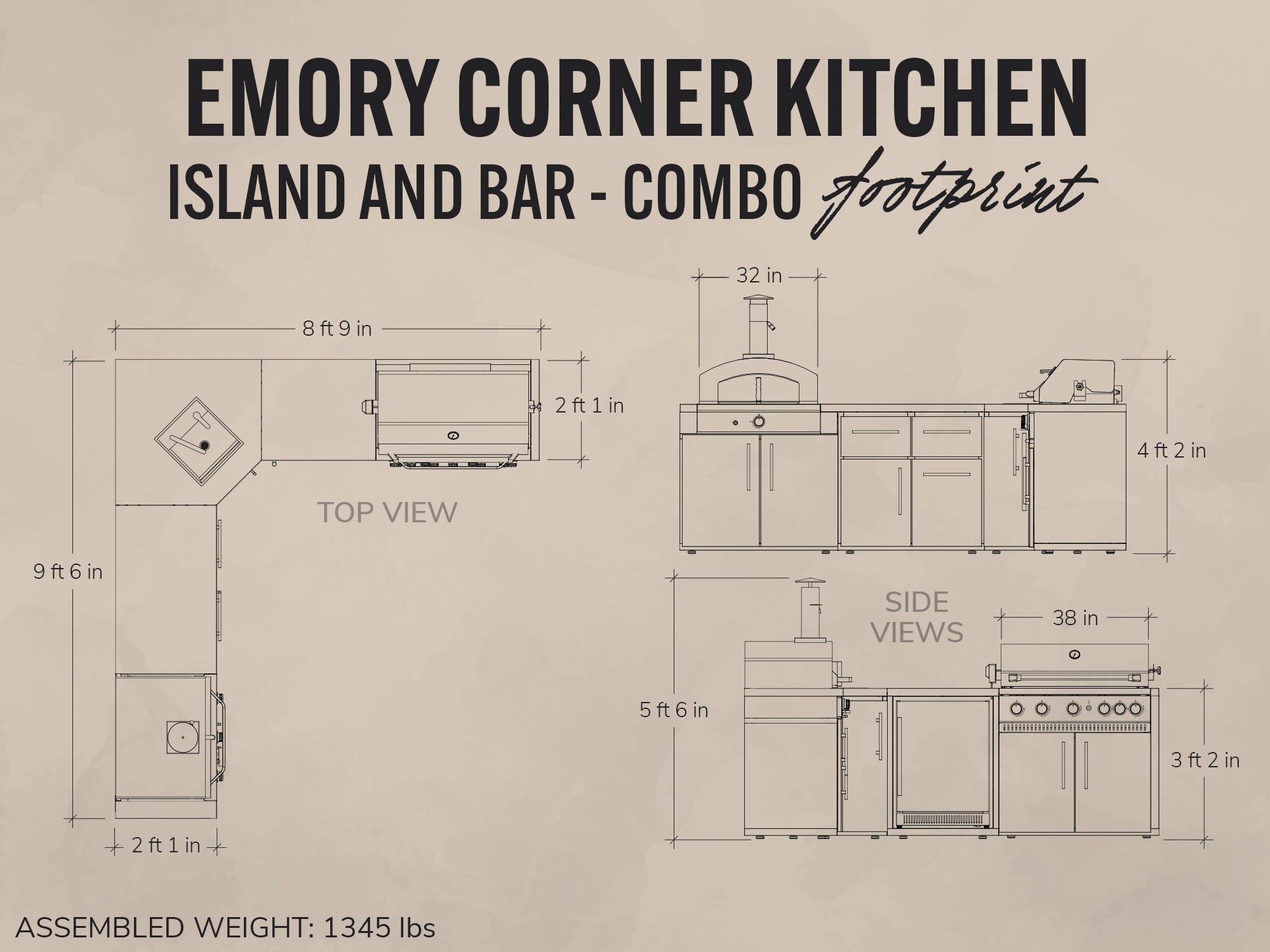 Diagram of Emory Corner Kitchen Island and Bar Combo with dimensions on a beige background