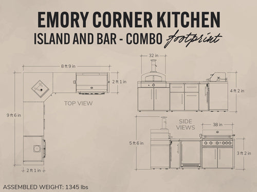 Diagram of Emory Corner Kitchen Island and Bar Combo with dimensions on a beige background