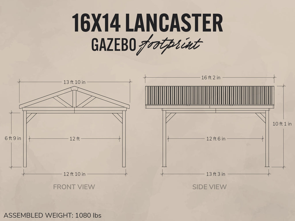 Dimensions and layout of a 16x14 Lancaster Gazebo on a beige background