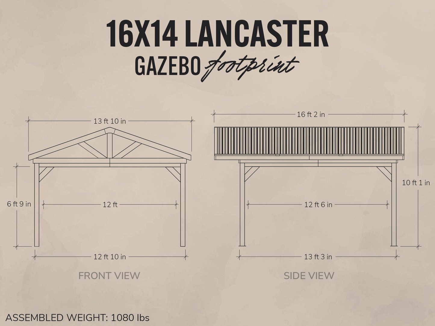 Dimensions and layout of a 16x14 Lancaster Gazebo on a beige background