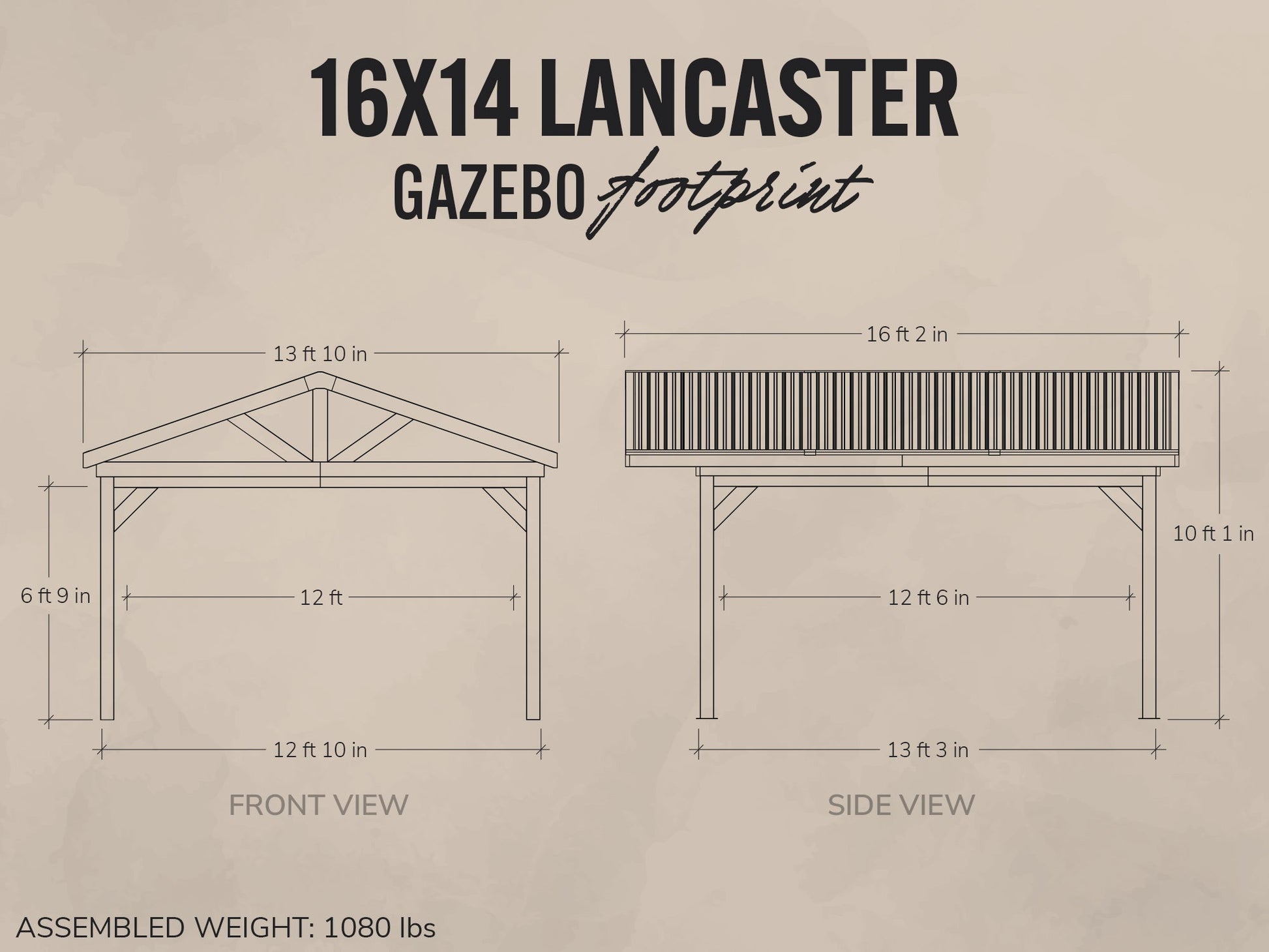 Dimensions and layout of a 16x14 Lancaster Gazebo on a beige background