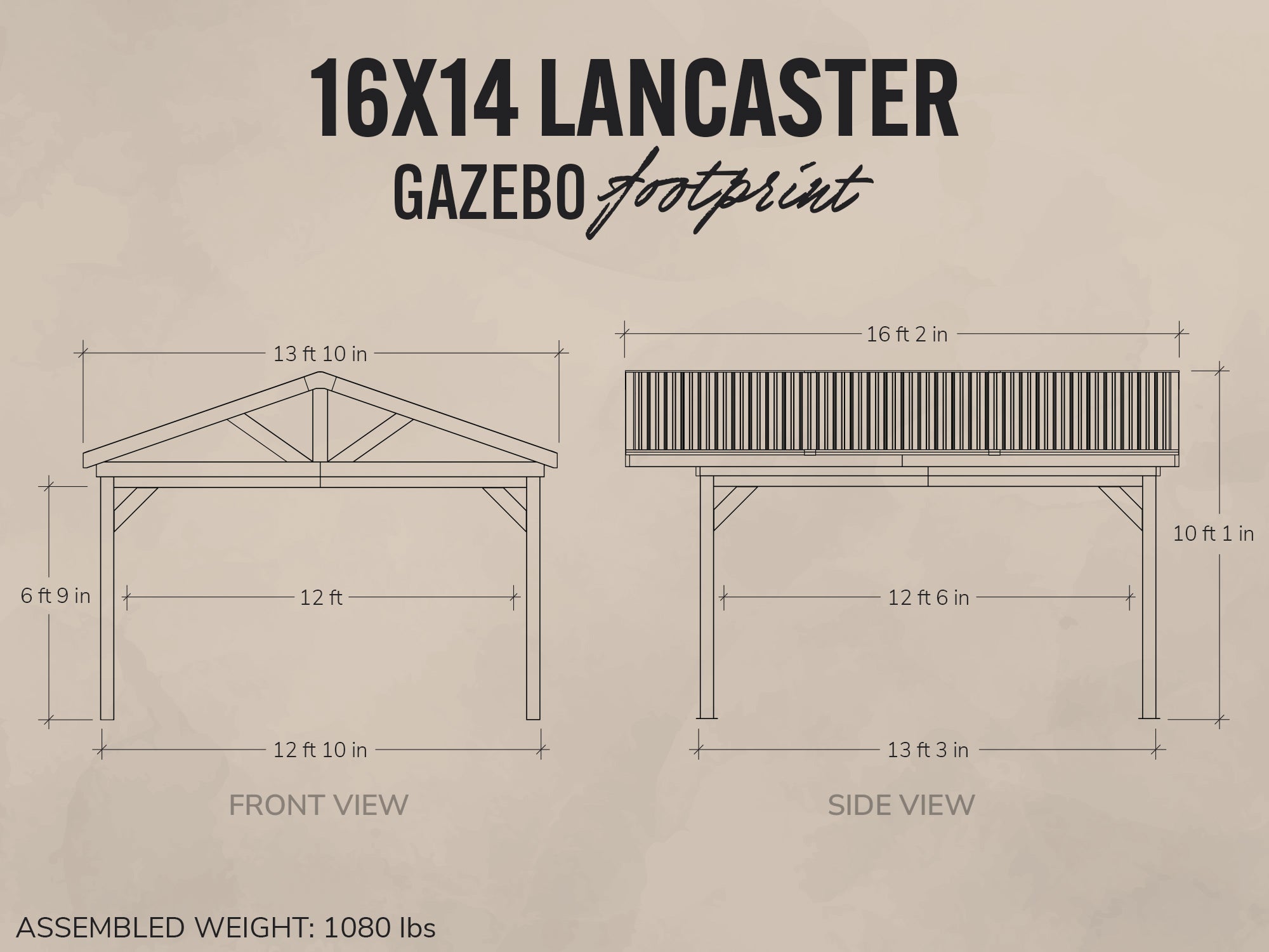 Dimensions and layout of a 16x14 Lancaster Gazebo on a beige background