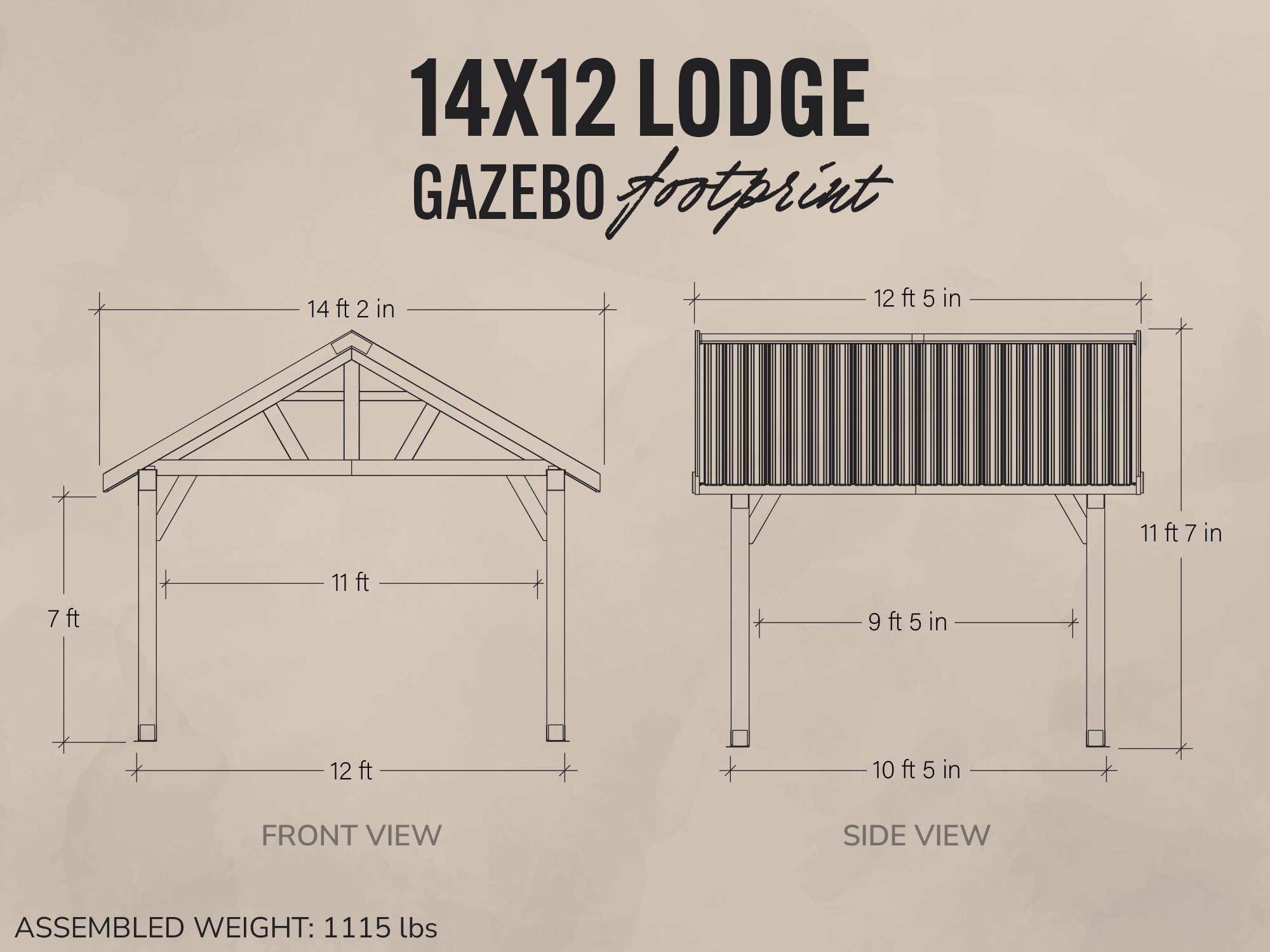 Technical diagram of Range Outdoor Living Lodge steel gazebo with front and side view dimensions.
