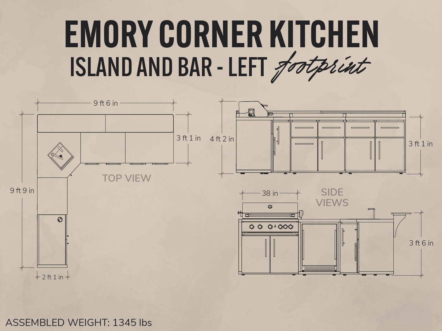 Technical drawing of an Emory Corner Kitchen Island and Bar layout with dimensions on a beige background.
