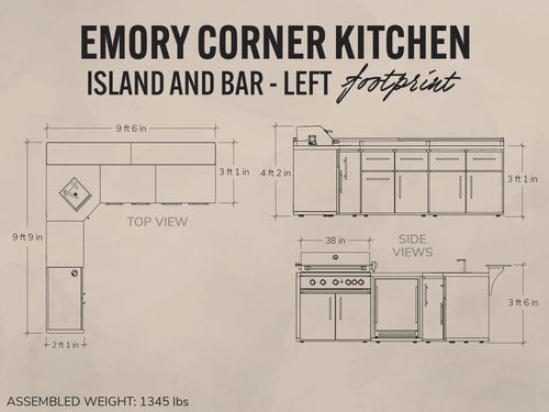Technical drawing of an Emory Corner Kitchen Island and Bar layout with dimensions on a beige background.