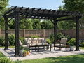 Black powder-coated steel Stratford pergola with trellis roof over patio seating area surrounded by garden and wooden fence.