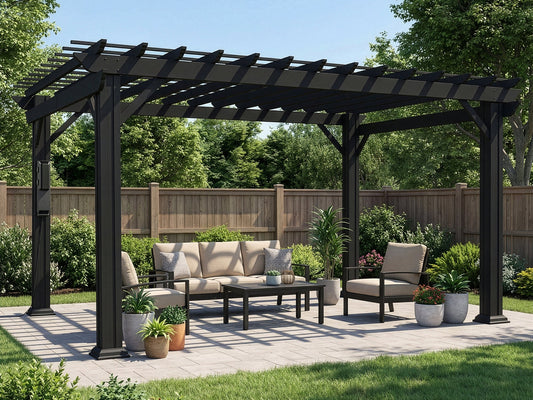 Black powder-coated steel Stratford pergola with trellis roof over patio seating area surrounded by garden and wooden fence.