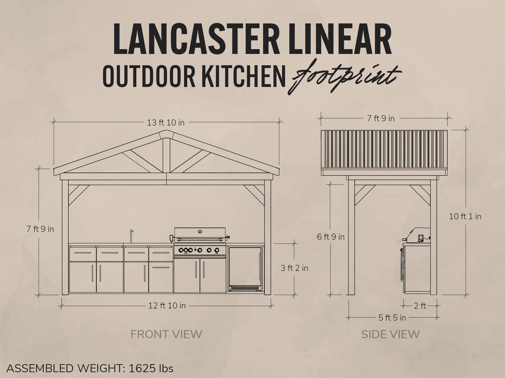 Diagram of Lancaster Linear outdoor kitchen with dimensions on a beige background