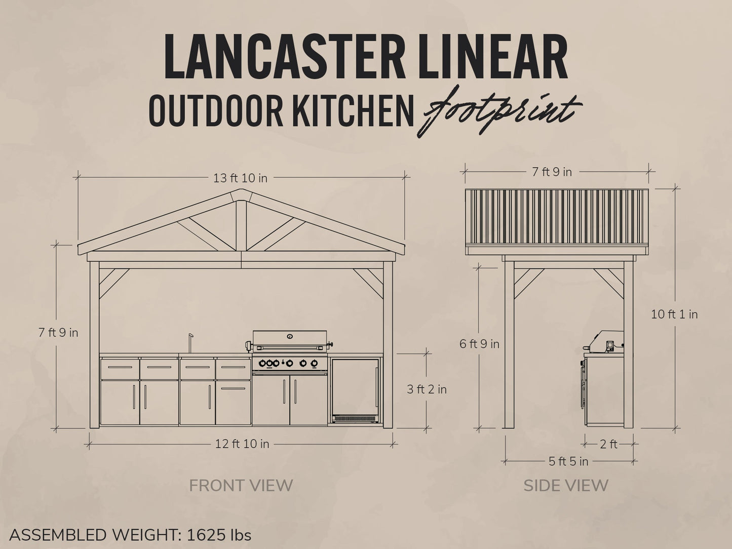 Diagram of Lancaster Linear outdoor kitchen with dimensions on a beige background