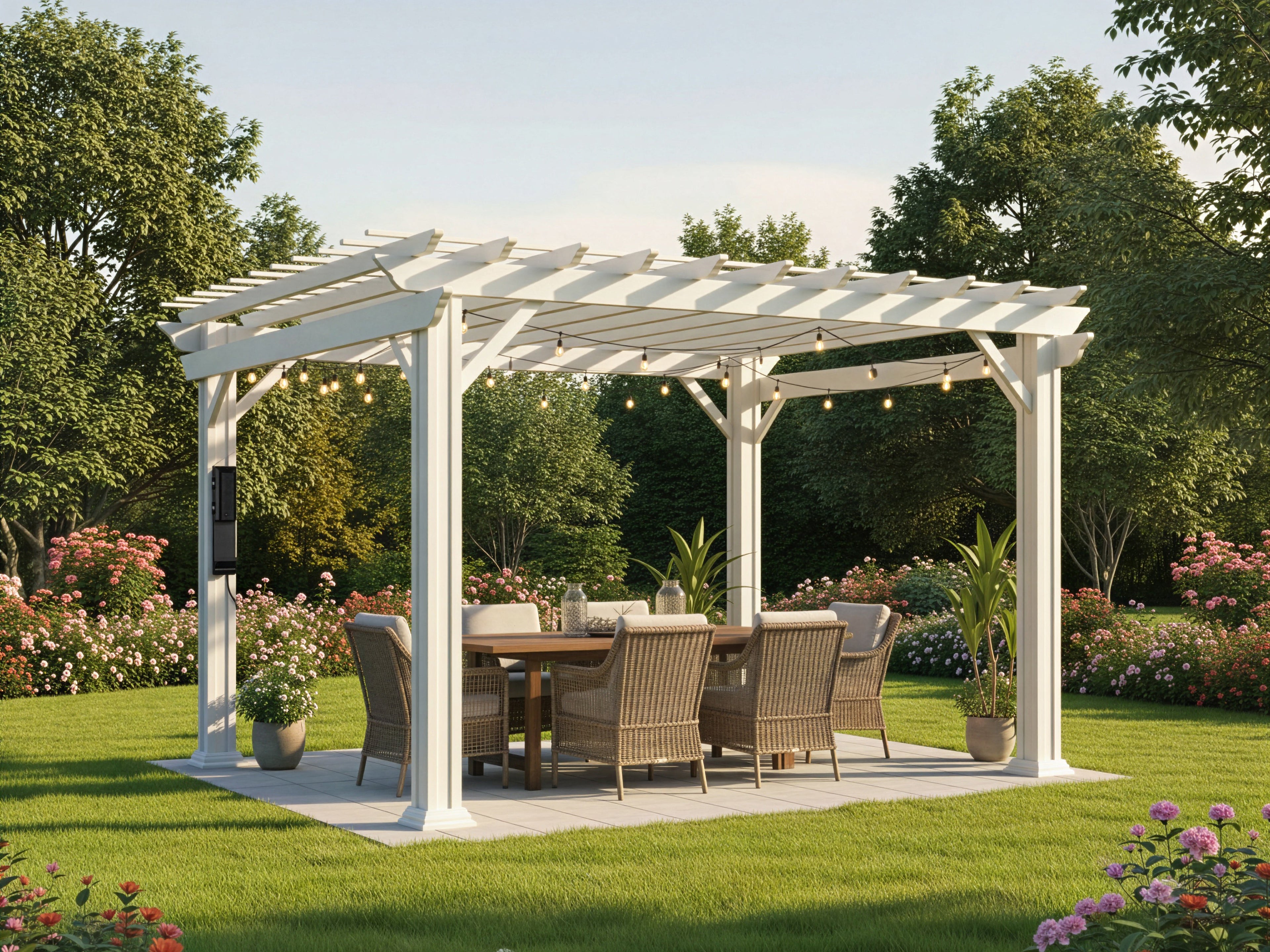 White powder-coated galvanized steel deck pergola with open trellis roof over dining area in garden with string lights.