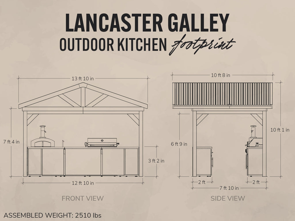 Diagram of Lancaster Galley outdoor kitchen with dimensions on a beige background