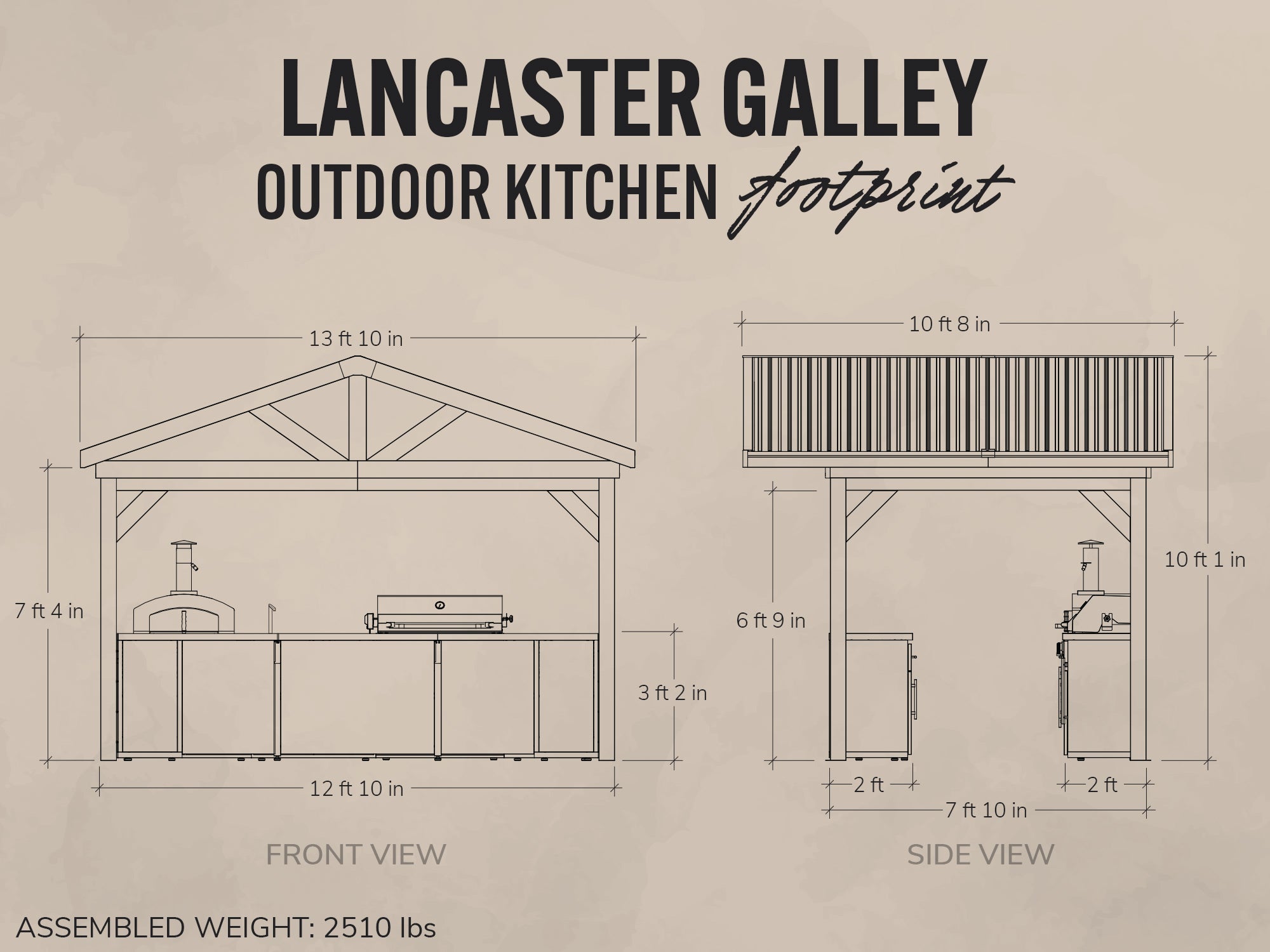 Diagram of Lancaster Galley outdoor kitchen with dimensions on a beige background