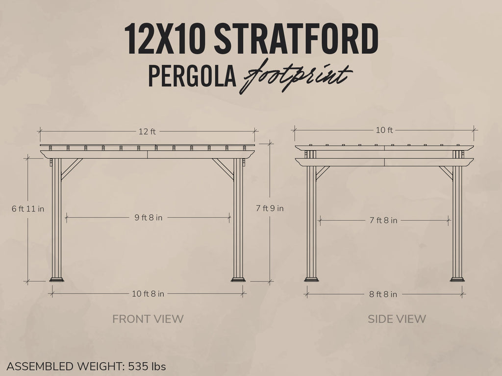 Dimensions of a 12x10 Stratford pergola on a beige background