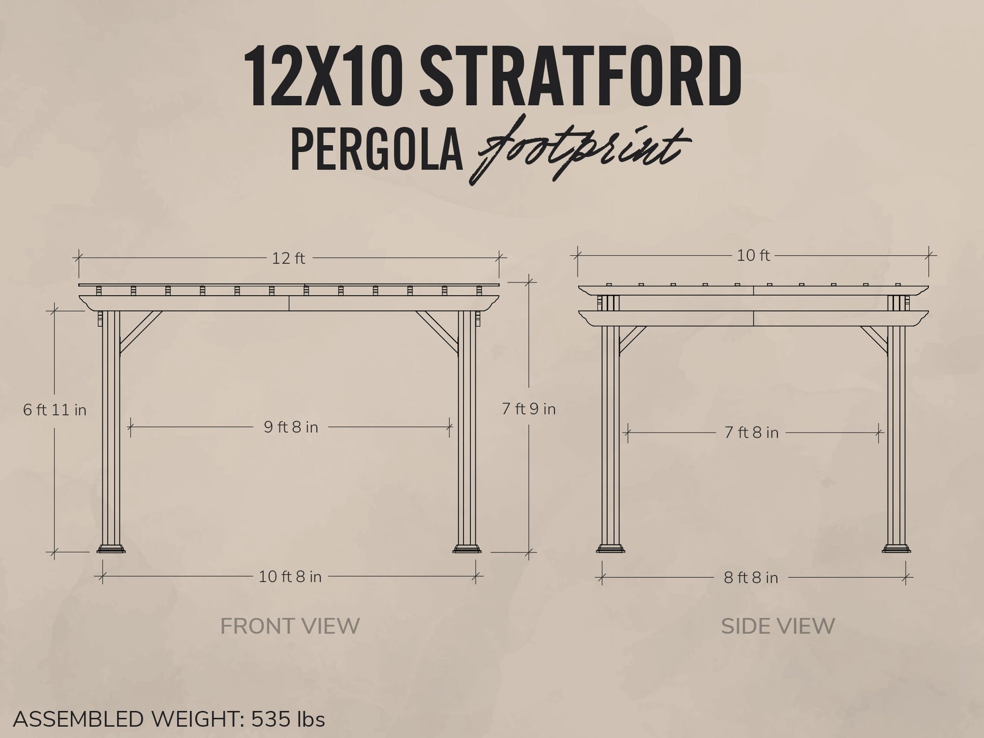 Dimensions of a 12x10 Stratford pergola on a beige background