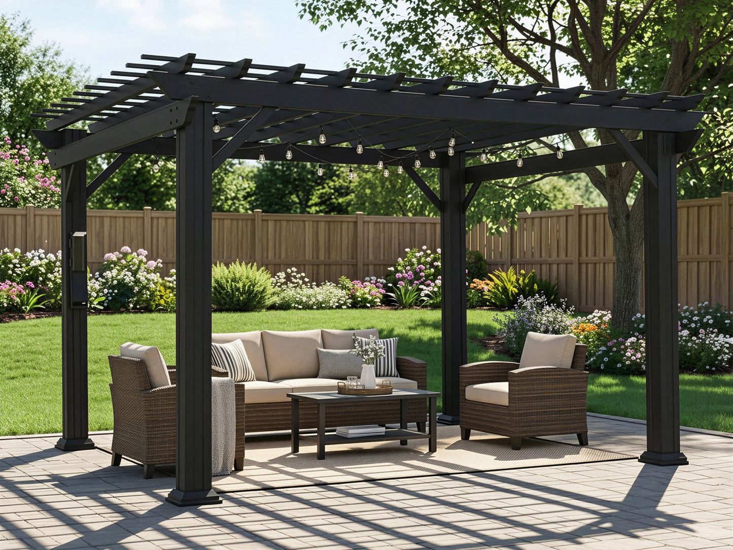 Black metal pergola with open trellis roof and string lights over wicker patio furniture in fenced backyard with gardens.