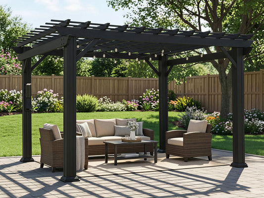 Black metal pergola with open trellis roof and string lights over wicker patio furniture in fenced backyard with gardens.