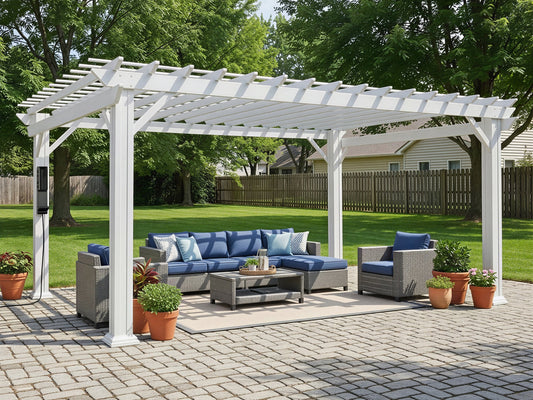 Range Outdoor Living white Stratford steel pergola with trellis roof over patio seating area and poolside setting.