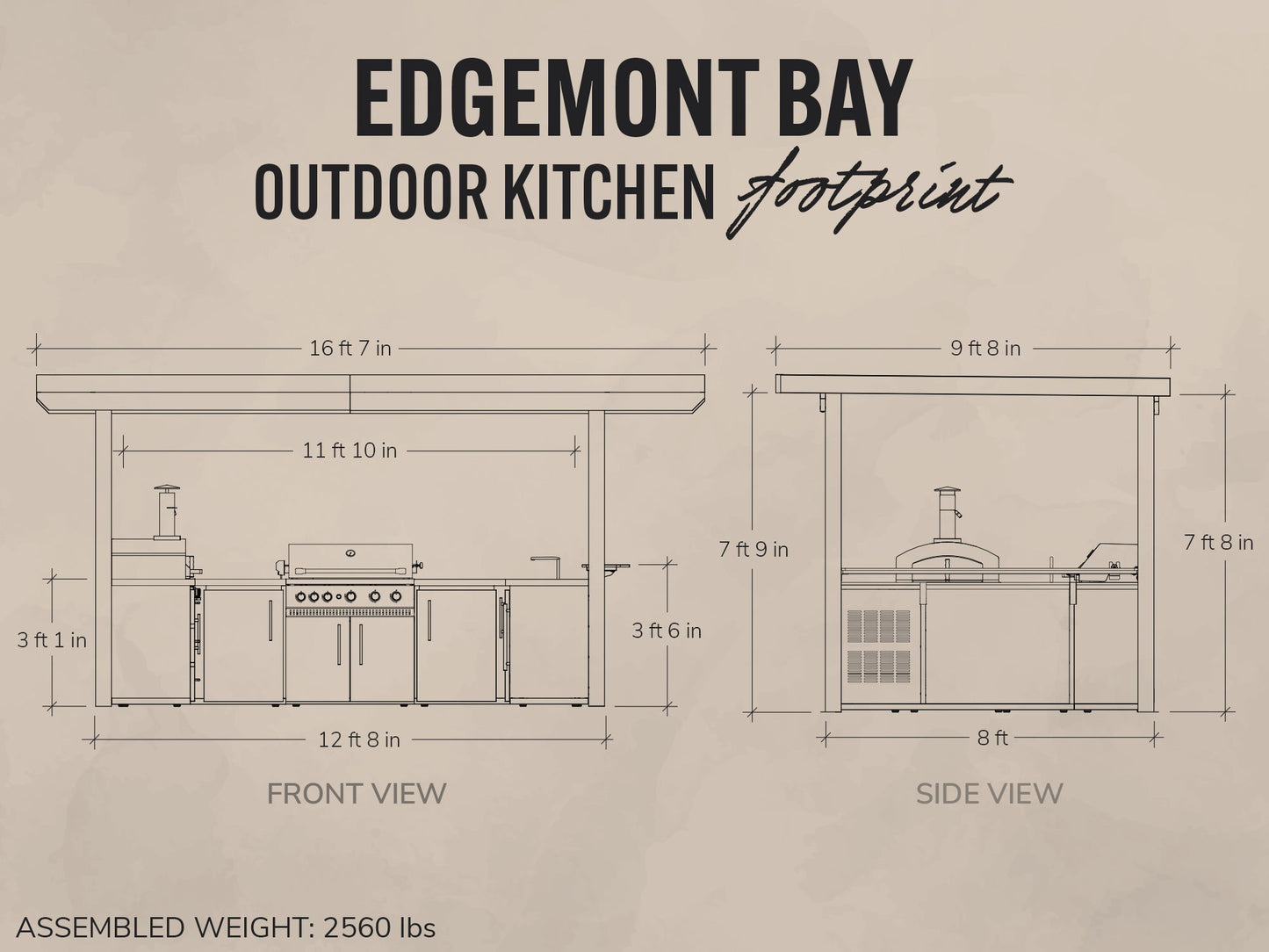 Diagram of Edgemont Bay outdoor kitchen layout with dimensions on a beige background
