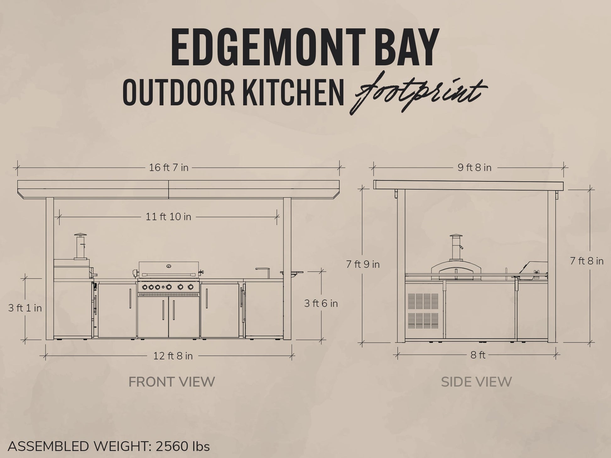 Diagram of Edgemont Bay outdoor kitchen layout with dimensions on a beige background