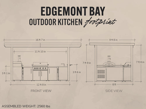 Diagram of Edgemont Bay outdoor kitchen layout with dimensions on a beige background