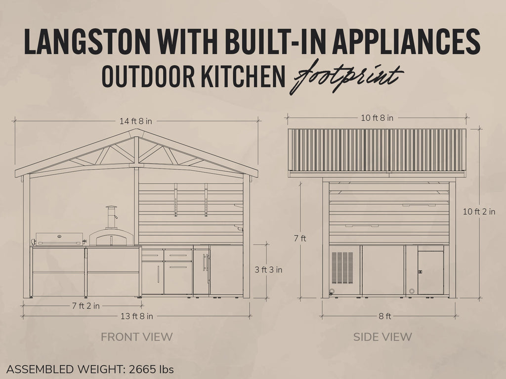 Diagram of Langston outdoor kitchen with dimensions on a beige background