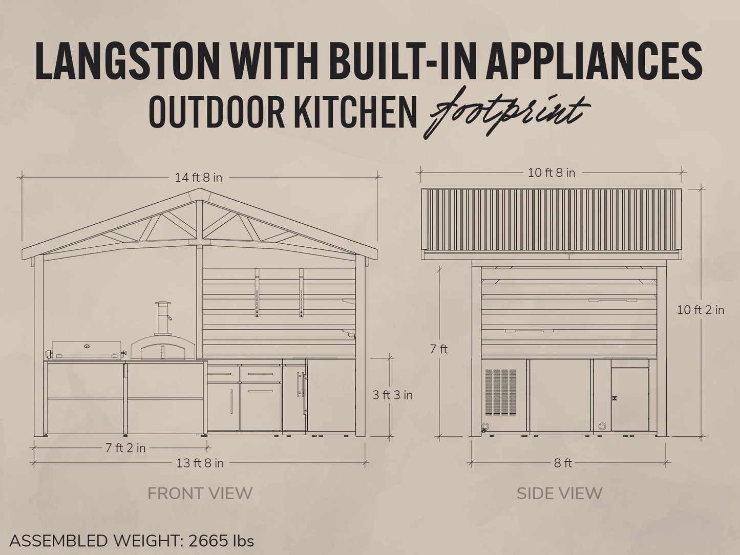 Diagram of Langston outdoor kitchen with dimensions on a beige background