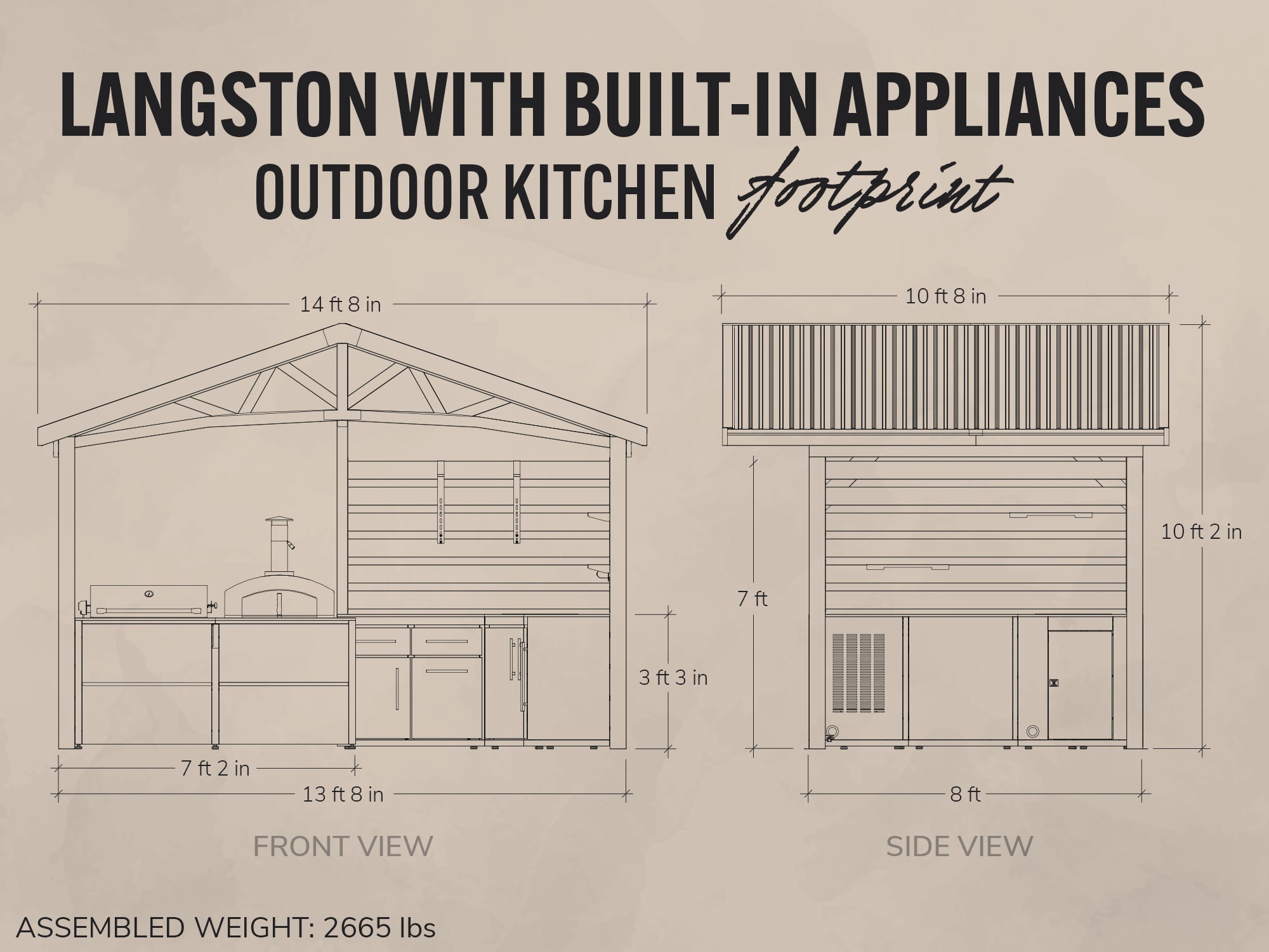 Diagram of Langston outdoor kitchen with dimensions on a beige background