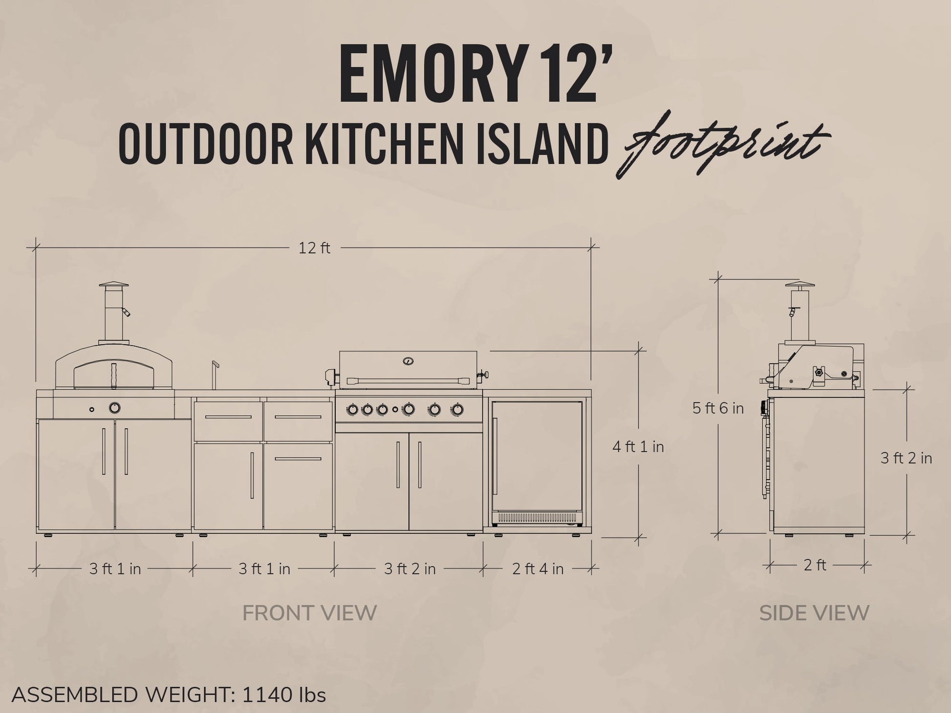 Diagram of an outdoor kitchen island named 'Emory 12' with dimensions and assembly weight on a beige background.