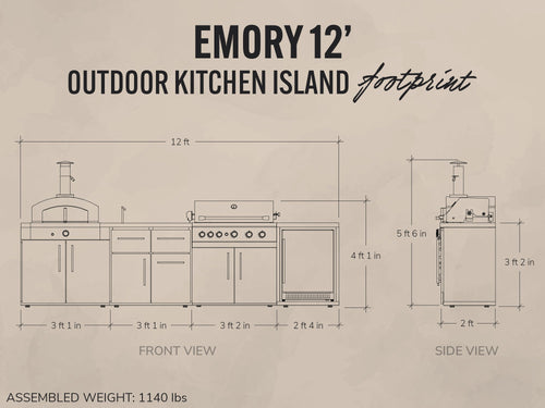 Diagram of an outdoor kitchen island named 'Emory 12' with dimensions and assembly weight on a beige background.