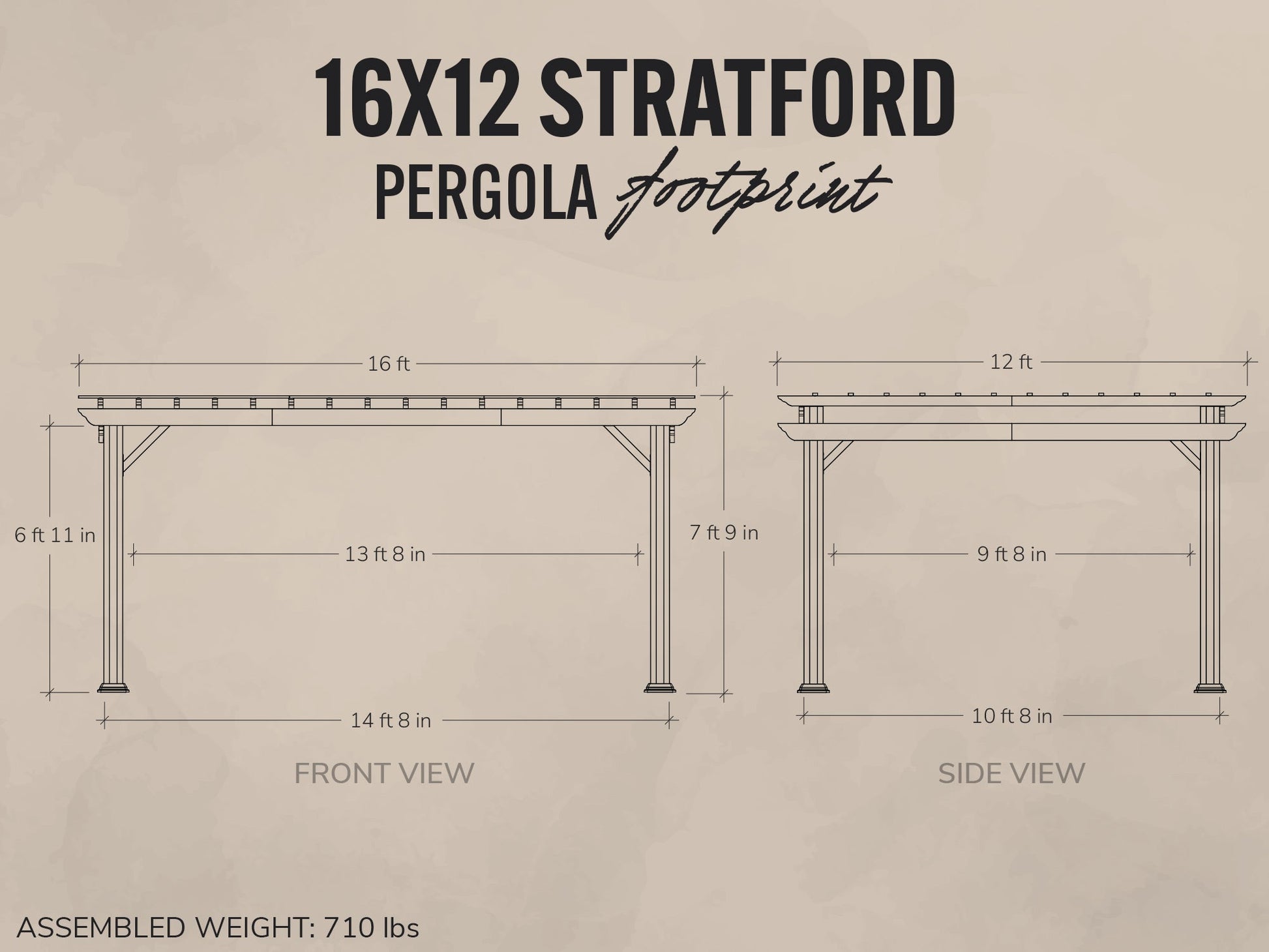 Dimensions of a 16x12 Stratford pergola on a beige background