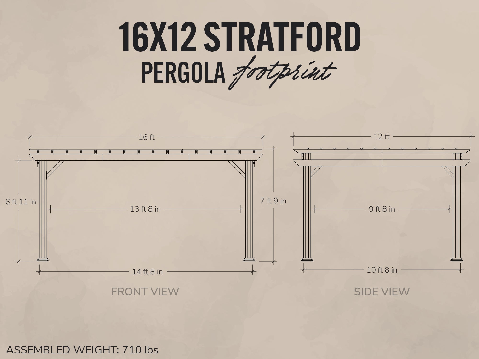 Dimensions of a 16x12 Stratford pergola on a beige background