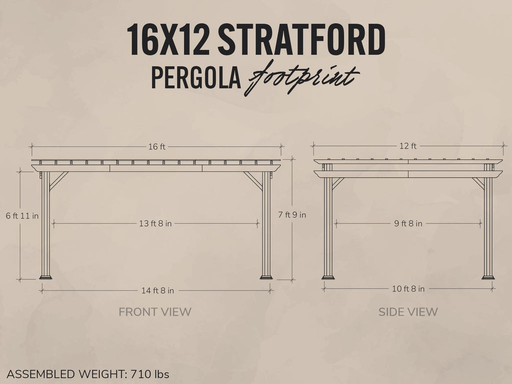 Dimensions of a 16x12 Stratford pergola on a beige background