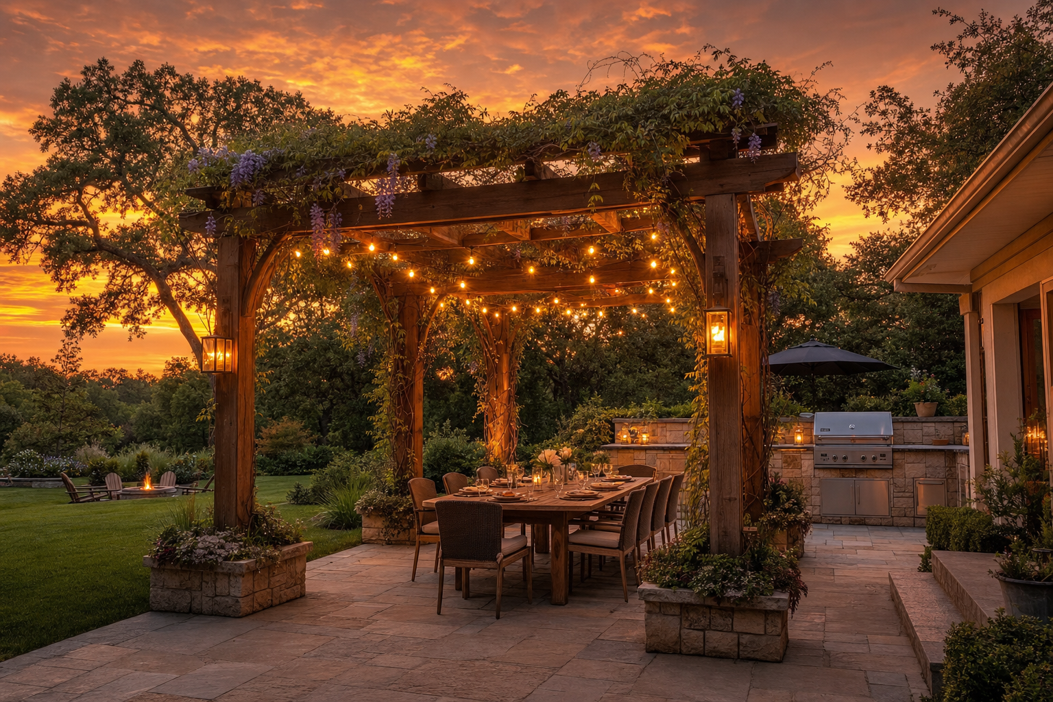Beautiful cedar pergola with string lights at golden hour sunset over a stone patio with outdoor kitchen — Tesni Outdoor Living