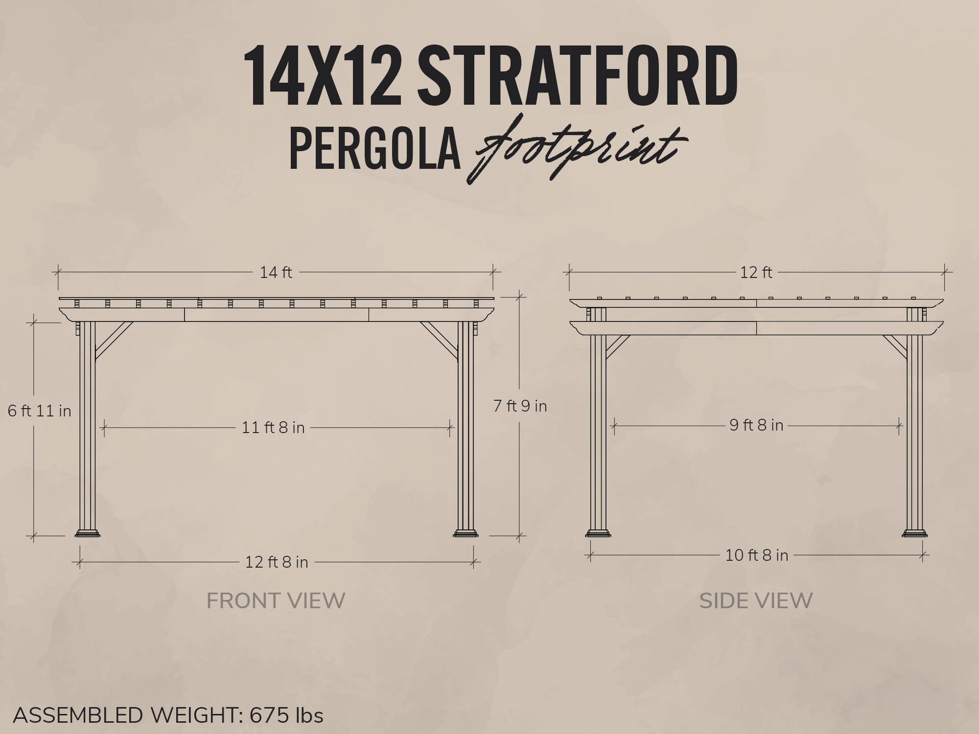 Dimensions and footprint of a 14x12 Stratford pergola on a beige background