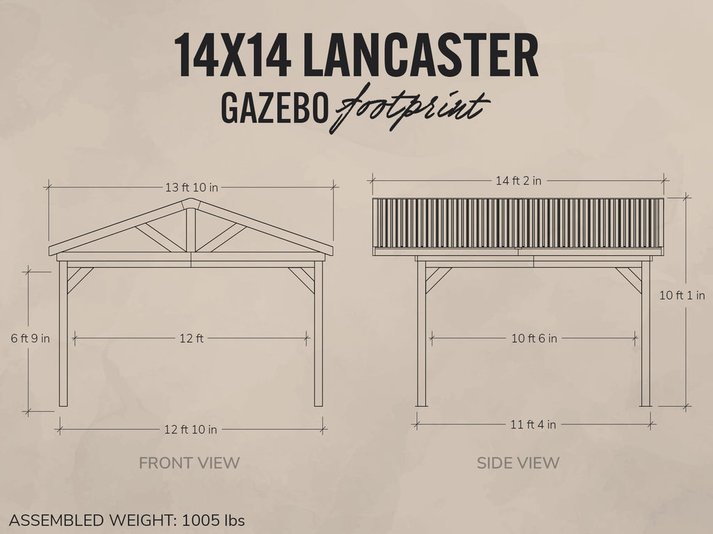 Dimensions and layout of a 14x14 Lancaster gazebo on a beige background
