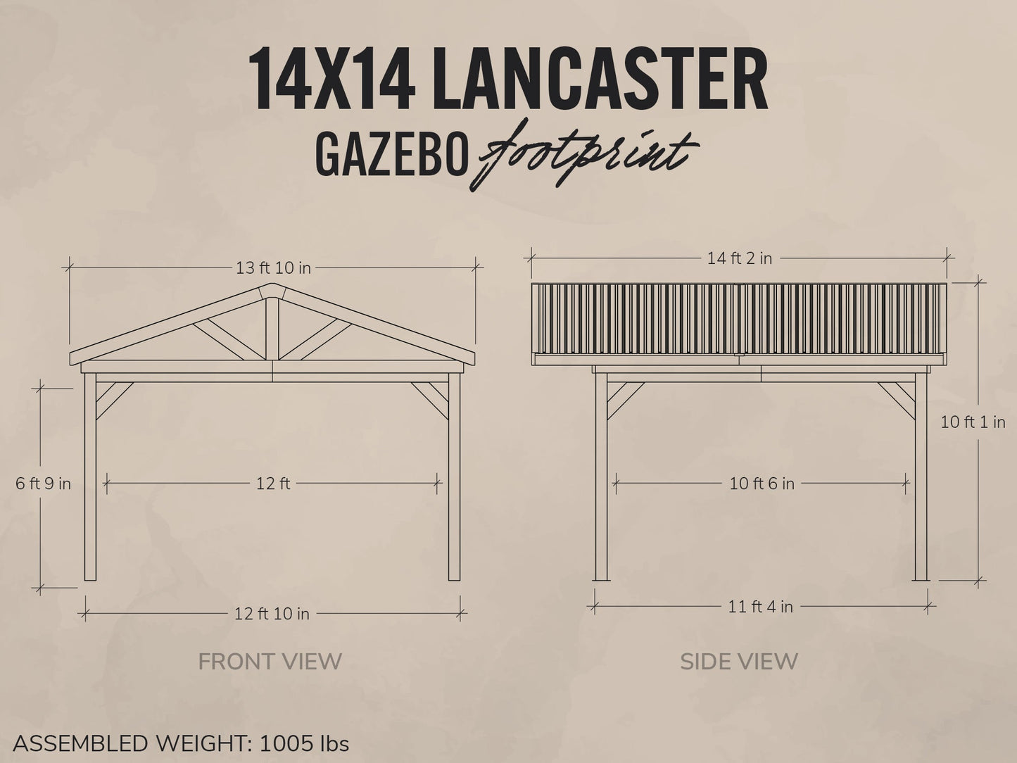 Dimensions and layout of a 14x14 Lancaster gazebo on a beige background