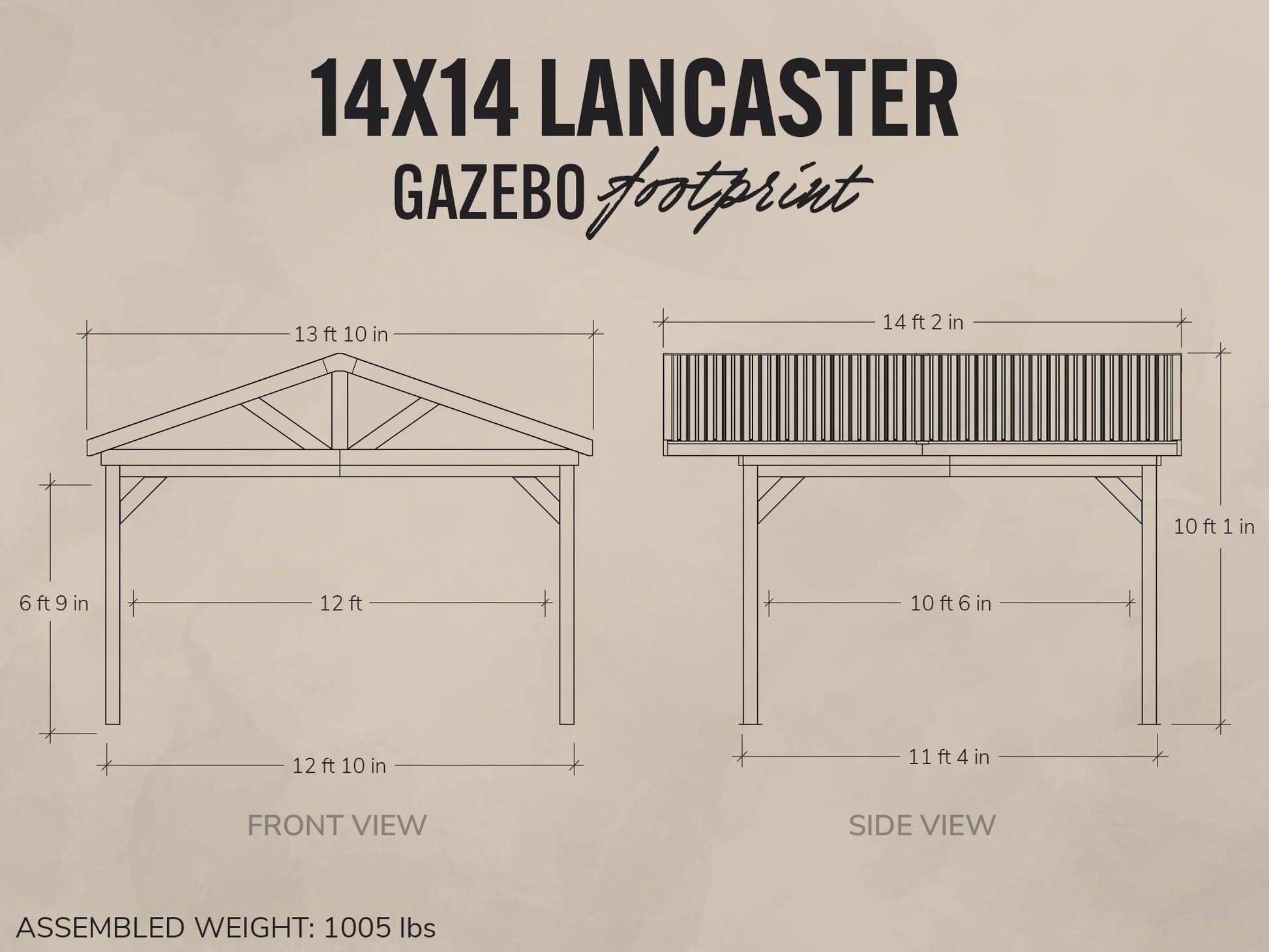 Dimensions and layout of a 14x14 Lancaster gazebo on a beige background