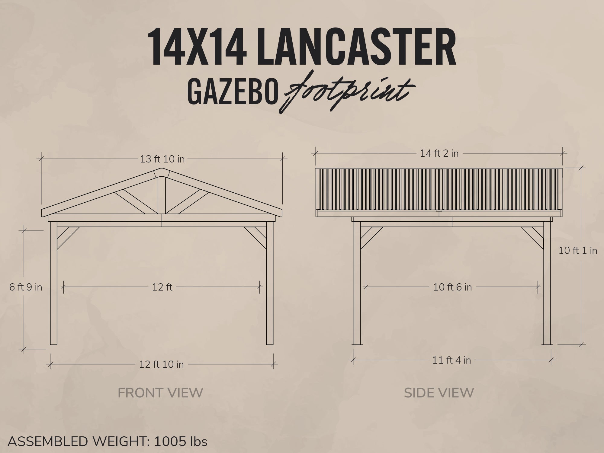 Dimensions and layout of a 14x14 Lancaster gazebo on a beige background
