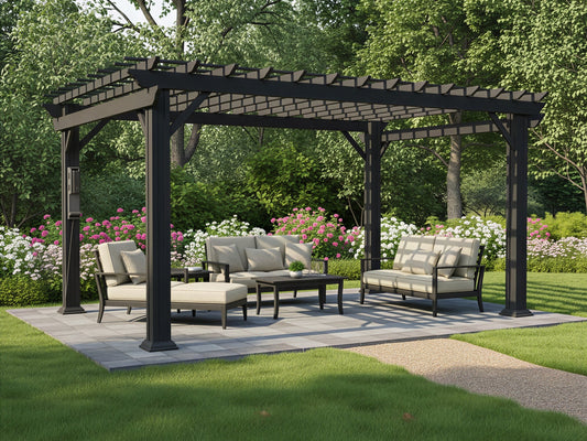 Black steel pergola with trellis roof over outdoor seating area surrounded by flowering garden beds and lush greenery.