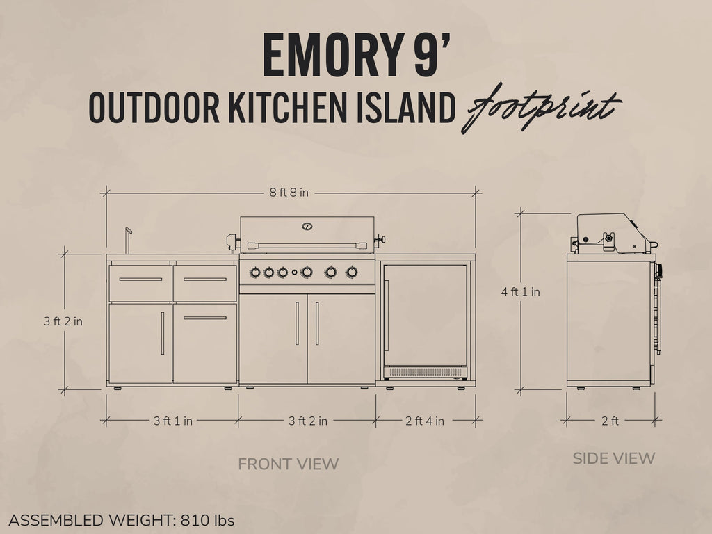 Diagram of an outdoor kitchen island with dimensions labeled on a beige background